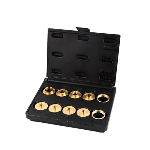 Brass Router Template Bushing Set 10 Piece With 8 Guide Bushings And 2 Lock Nuts For Precise Template Routing shown in black case