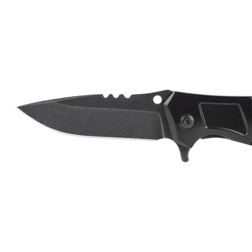 Close-up of a Folding Pocket Knife For Electricians With Bearing Assist Flipper And Frame Lock. Black handle and drop point stainless steel blade.