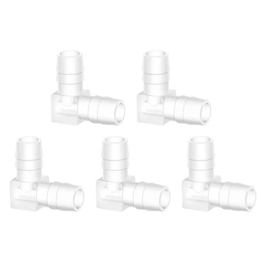 Five white Three Eighths Inch Hose Barb 90 Degree Elbow L Fitting Plastic Two Way Equal Barbed Joint Splicer Mender Union Adapters