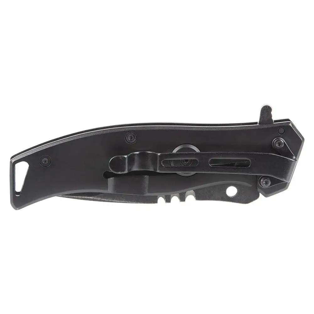 Side view of a black Folding Pocket Knife For Electricians with Bearing Assist Flipper, Frame Lock, and Belt Clip