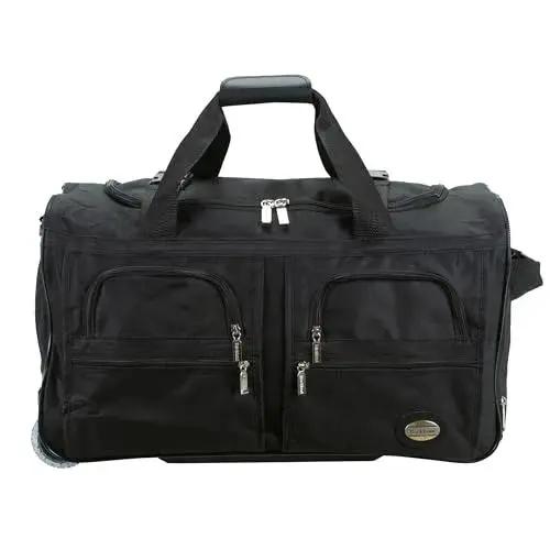 Rolling Duffel Bag With Extra Large Wheels And A Wide U Shaped Opening, Sleek Black 22 Inch Soft Sided Travel Luggage, Four Front Pockets