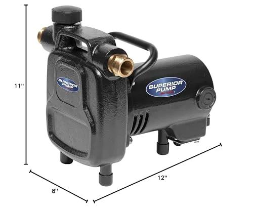 Heavy Duty 0.5 HP Transfer Pump Black Workhorse From Superior Pump Delivers Up To 1500 Gallons Per Hour With Thermally Protected Split Capacitor Motor Three Quarter Inch NPT Inlet And Outlet Ten Foot Cord Brass Adapters Strainer And Extra Motor Brushes, visible in black cast iron, side view, on white background.