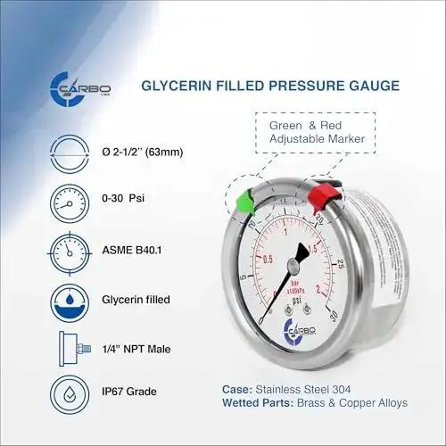 Two And A Half Inch Liquid Filled Pressure Gauge With Stainless Steel Case And Chrome Plated Brass Connection Back Mount NPT 0 To 30 Psi Dual Scale Psi Bar With KPa Guidance ASME B40 1 Grade A Accuracy For Oil Water Air Hydraulics HVAC
