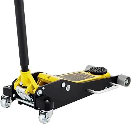 Low Profile 3 Ton Racing Floor Jack With Dual Pistons Aluminum Steel Quick Lift side view with lifting arm and wheels