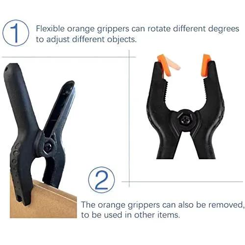 Ten Pack Heavy Duty 4.5 Inch Plastic Spring Clamps For Crafts Backdrops Photography And Home Improvement Projects Durable Nylon Construction With Ergonomic Round Handles And Anti Slip Grip showing adjustable orange grippers