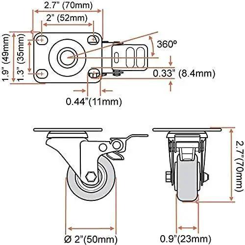 Diagram showing measurements of 4 Pack 2 Inch Caster Wheels With Dual Locking Brakes 2 Rigid Non Swivel Fixed And 2 Swivel With Brakes.