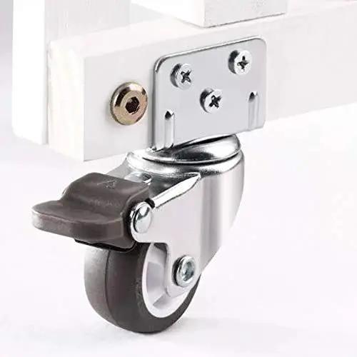 4 Pieces Swivel Plate Casters With Brake, 2 Inch Diameter TPE Casters, L Shaped Mount, installed on furniture corner