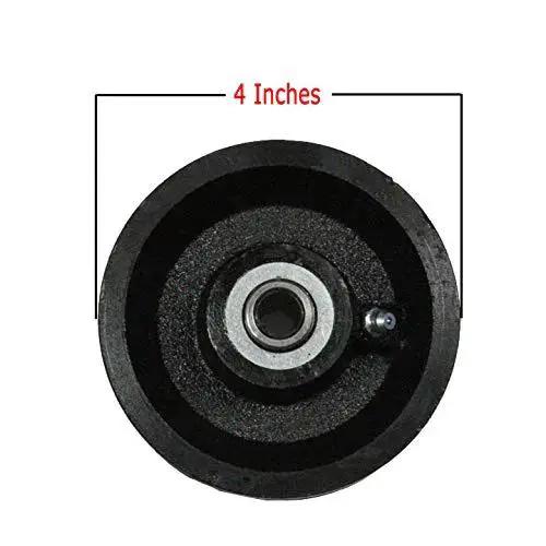 Front view of Beefy Heavy Duty Cast Iron V Groove Wheel Set for Residential Rolling Gates, 4 Inch size, with roller bearing.