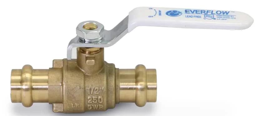 Side view of 3/4 inch Three Quarter Inch Full Port Press Ball Valve Brass Everflow Plumbing Fittings NSF Certified UPC App 250CWP
