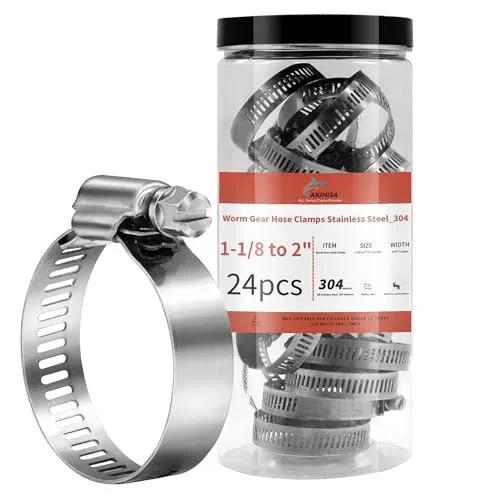 24 Pack 1 1/8 To 2 Inch Worm Gear Hose Clamps Adjustable Range 27-51mm 304 Stainless Steel Durable Corrosion Resistant Hose Clamps