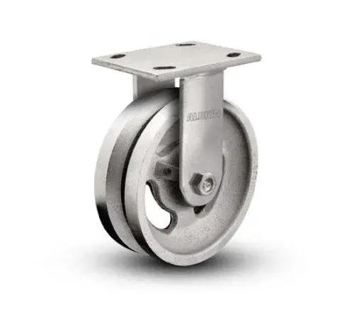 Rigid Caster With Four By Two V Groove Wheel And Roller Bearings, 800 Lb Capacity, side view, metal construction with mounting plate visible.