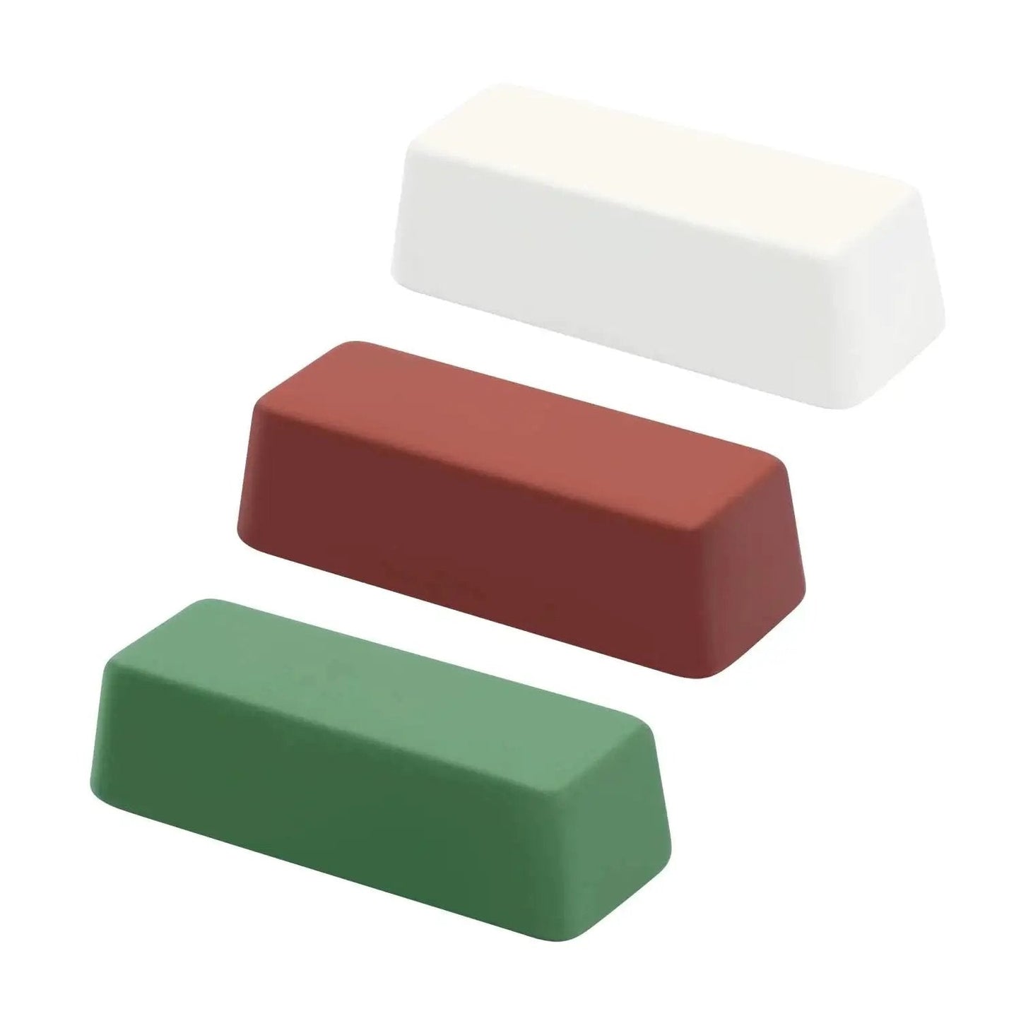 Buffing Polishing Compounds Kit 4 Oz Green Fine White Medium Red Coarse 3 Pack bars on white background.