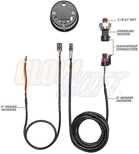 Tinted 7 Color Oil Pressure Gauge Kit With 0 To 100 PSI Range, Includes 1/8-27 NPT Electronic Sensor And Wiring components shown