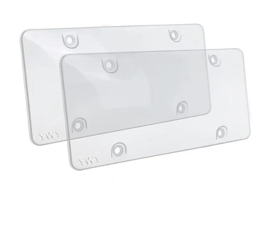Clear 2 Pack License Plate Cover For Your Ride Weather Resistant Unbreakable Protector Transparent Design Fits All Standard 6x12 Inches License Plates UV Shield Durable Shield For Cars Trucks SUV. Clear acrylic covers showing two license plate protectors side by side.