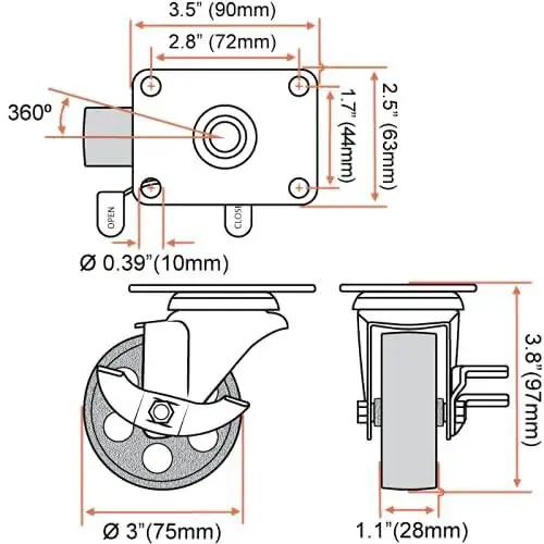 Technical diagram of All Black Four Pack Metal Swivel Plate Caster Wheels With Brake Lock Heavy Duty High Gauge Steel 3 Inch Casters.