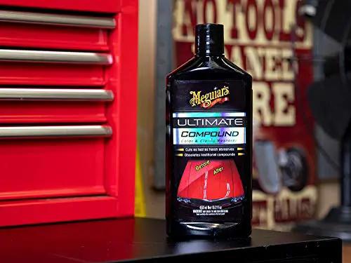 Ultimate Compound For Cars That Removes Oxidation Swirl Marks Water Spots And Scratches On Clear Coat quickly and safely in a black bottle.