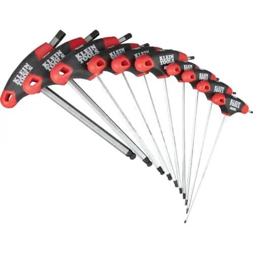 Ball End Hex Key Set With 6 Inch Blades For Angled Access And Tight Spots 10 Piece SAE Inch Wrench Kit With Stand Pro Grade Journeyman Dual Material Handles Rust Resistant Treated Steel Double Ended Keys Klein Tools