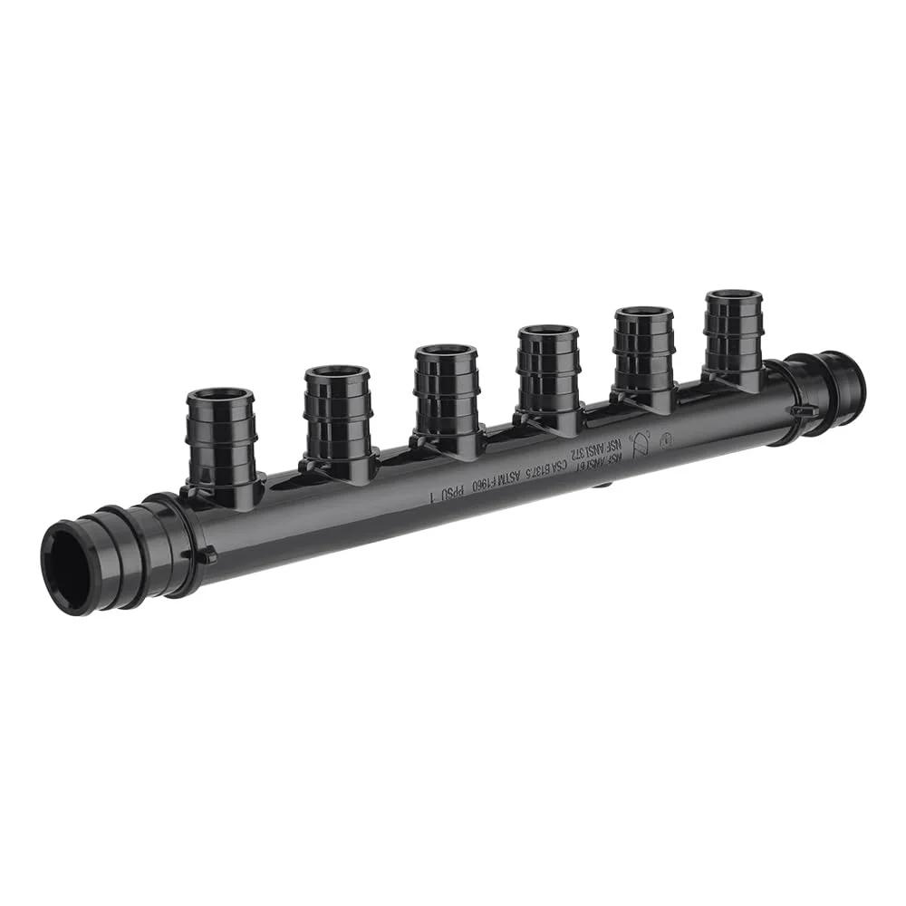 Pack Of 2 Open PEX A Expansion Manifolds With 6 Ports PPSU Poly Three Quarter Inch Trunk And One Half Inch Ports Lead Free ASTM F1960 Certified Pro Grade Chlorine Resistant Plumbing Manifold For PEX Systems Compatible With All PEX Brands side view