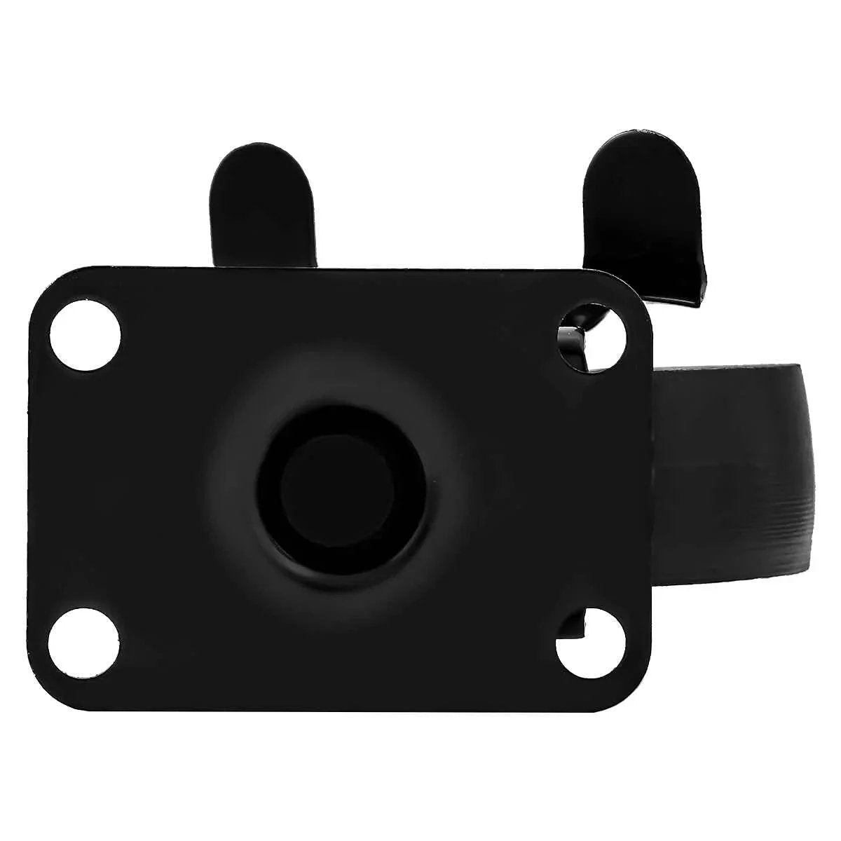Front view of all black metal swivel plate caster wheels with brake lock, heavy duty 4 inch iron casters, 400 lb each capacity