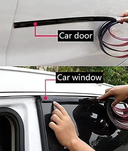 Installation of Glossy Black 12mm Automotive Trim Molding 25 Foot Self Adhesive for Vehicles on car door and window.