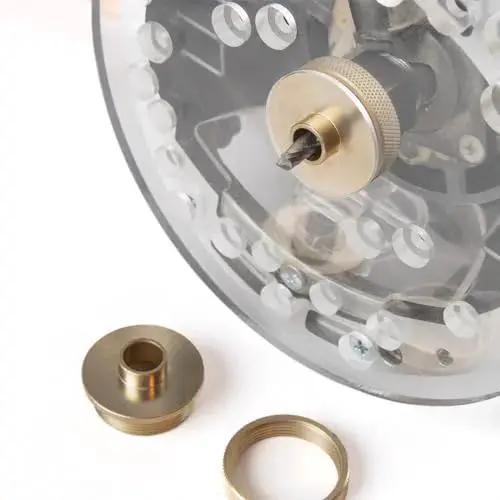 Brass Router Template Bushing Set 10 Piece With 8 Guide Bushings And 2 Lock Nuts For Precise Template Routing assembled on base