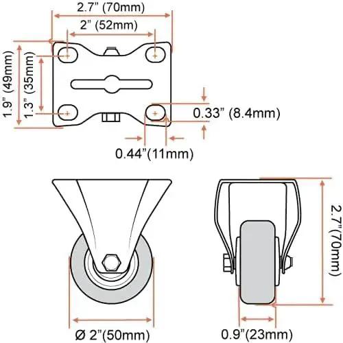 Technical diagram of 2 Inch Caster Wheels 12 Pack 6 Rigid Non Swivel Fixed Casters And 6 Swivel Plate Casters for furniture and carts