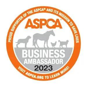 ASPCA Business Ambassador 2023 badge featuring dog, horse, cat, and text on orange border