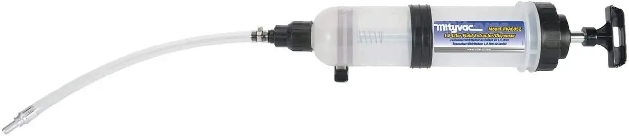Side view of 1.5 Liter Fluid Evacuator And Dispensing Syringe With Twist Valve ATF Adapter, featuring transparent chamber and nozzle