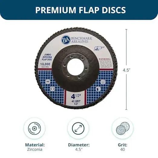 Premium Pro Grade High Density Jumbo Zirconia Type 27 Flap Discs For Angle Grinder 4.5 Inch Diameter With 7 Eighths Inch Arbor 40 Grit 10 Pack For Finishing Blending Deburring And Rust Removal Benchmark Abrasives