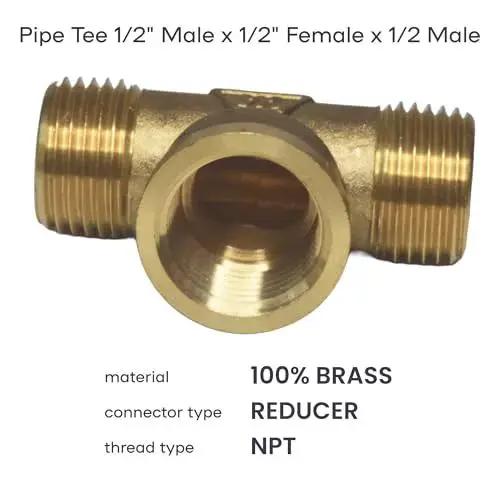 Brass Pipe Tee One Half Inch Male To One Half Inch Female To One Half Inch Male Three Way Connector in brass with NPT threads.