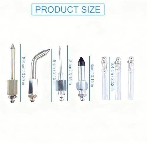 Grease Gun Accessory Kit 7 Piece Set With 3 Needle Nozzles Dispenser Rubber Joint Tip Straight Nozzle And Bent Nozzle Size Chart