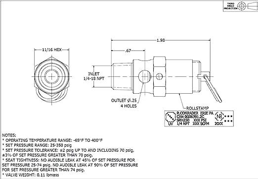 Technical drawing of Brass Industrial Safety Pressure Relief Valve Replacement For Ingersoll Rand 31385693, 200 PSI Preset, 1/4 in NPT.