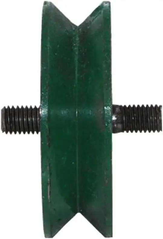 Side view of heavy duty cast iron plate caster wheel with V groove for inverted track, ideal for barn doors and sliding gates.