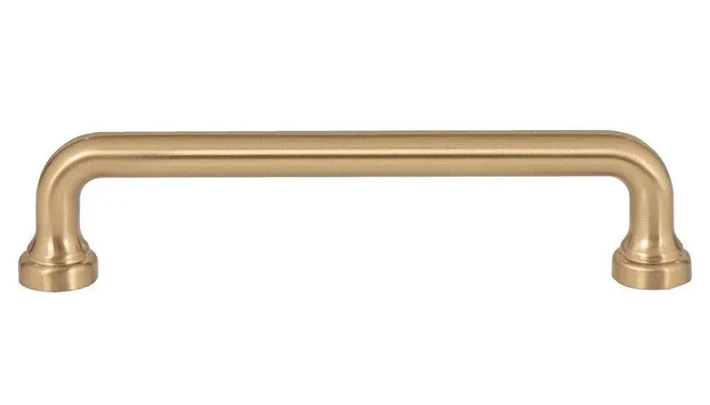 Malin Collection Cabinet Pull Warm Brass Finish With 5 1/16 Inch Mounting Centers, Overall Length 5 3/4 Inches, Projection 1 1/4 Inches