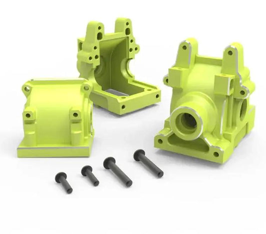 One Tenth Scale Beefy Aluminum Gear Box For RZ001 And XTS F10 RC Cars Part R11164 Green Aluminum Housing Front View