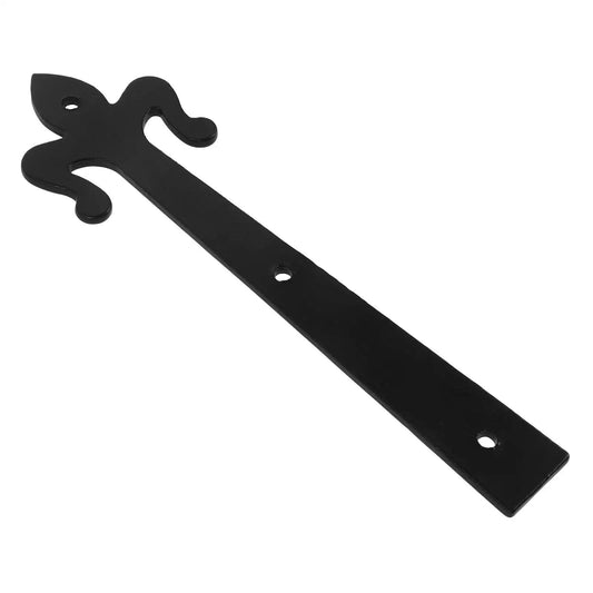 Black iron lift-off shaped shed door hinge for boxes, cabinets, and wardrobe doors, easy installation, high load capacity.
