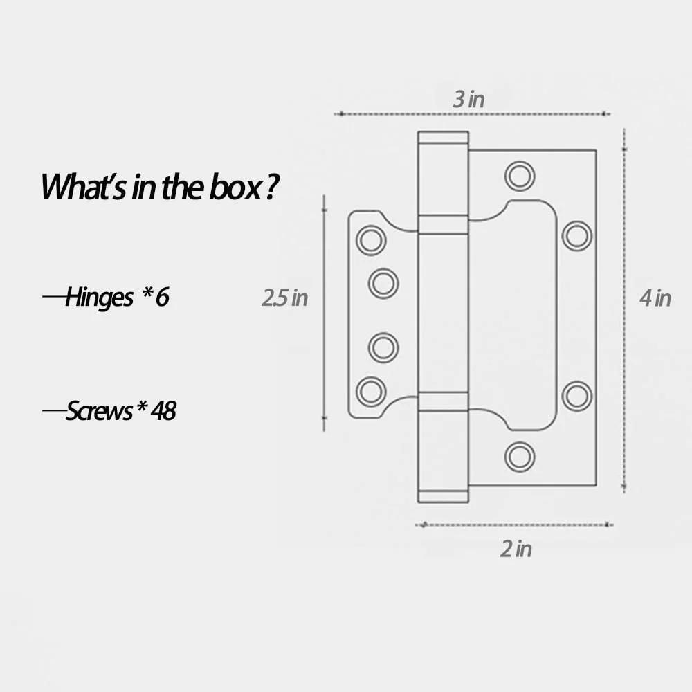 Diagram of Six Pack Non Mortise Door Hinges For Easy Install 4x3 Inch Stainless Steel Black Hinge Set with measurements.