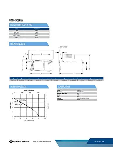 Technical specifications sheet for Automatic Condensate Removal Pump for HVAC Refrigeration and Dehumidifiers With Overflow Detection Switch No Fuss VCMA 20ULST 80 GPH 115V Thermally Protected Motor 93 Watts 20 Foot Tubing White Black by Little Giant.