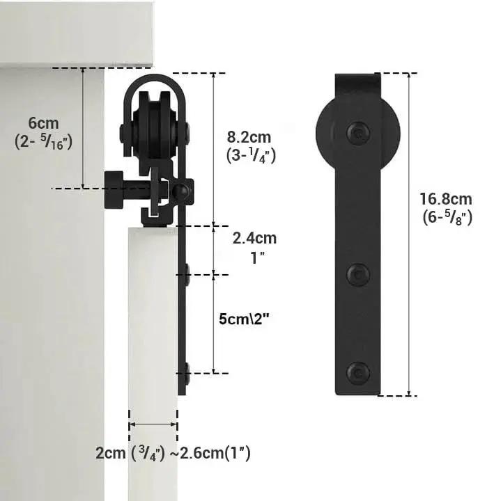 Image showing dimensions of the Two And A Half Foot Sliding Barn Door Hardware Kit For Single Door TV Stands And Small Cabinets J Shaped Hanger System With Carbon Steel Track Frosted Black Finish Stainless Steel Wheel Bearings And Nylon Rollers For Quiet Smooth Operation No Cabinet with detailed measurements.
