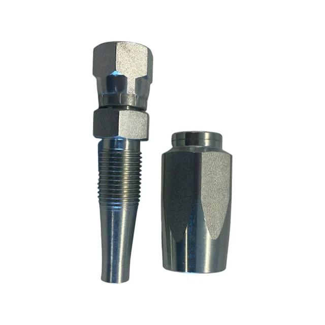Three Eighths Inch Reusable Hydraulic Hose Fitting With Female JIC Thirty Seven Degree Flare For R2 And R16 Hoses Two Piece Thread On Design For Quick Field Assembly And Repair No Crimping Needed Heavy Duty Zinc Plated Steel Construction Built For Tough