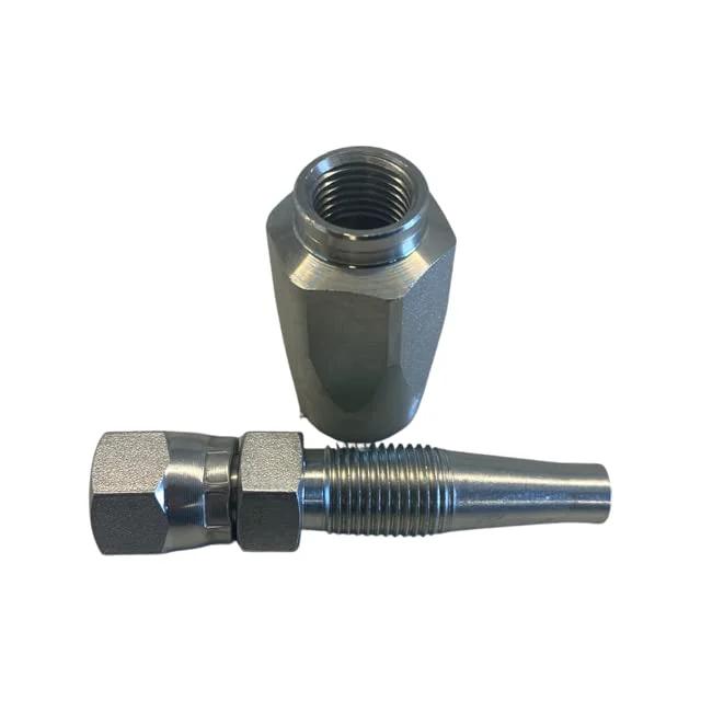 Three Eighths Inch Reusable Hydraulic Hose Fitting With Female JIC Thirty Seven Degree Flare For R2 And R16 Hoses, two-piece design shown.