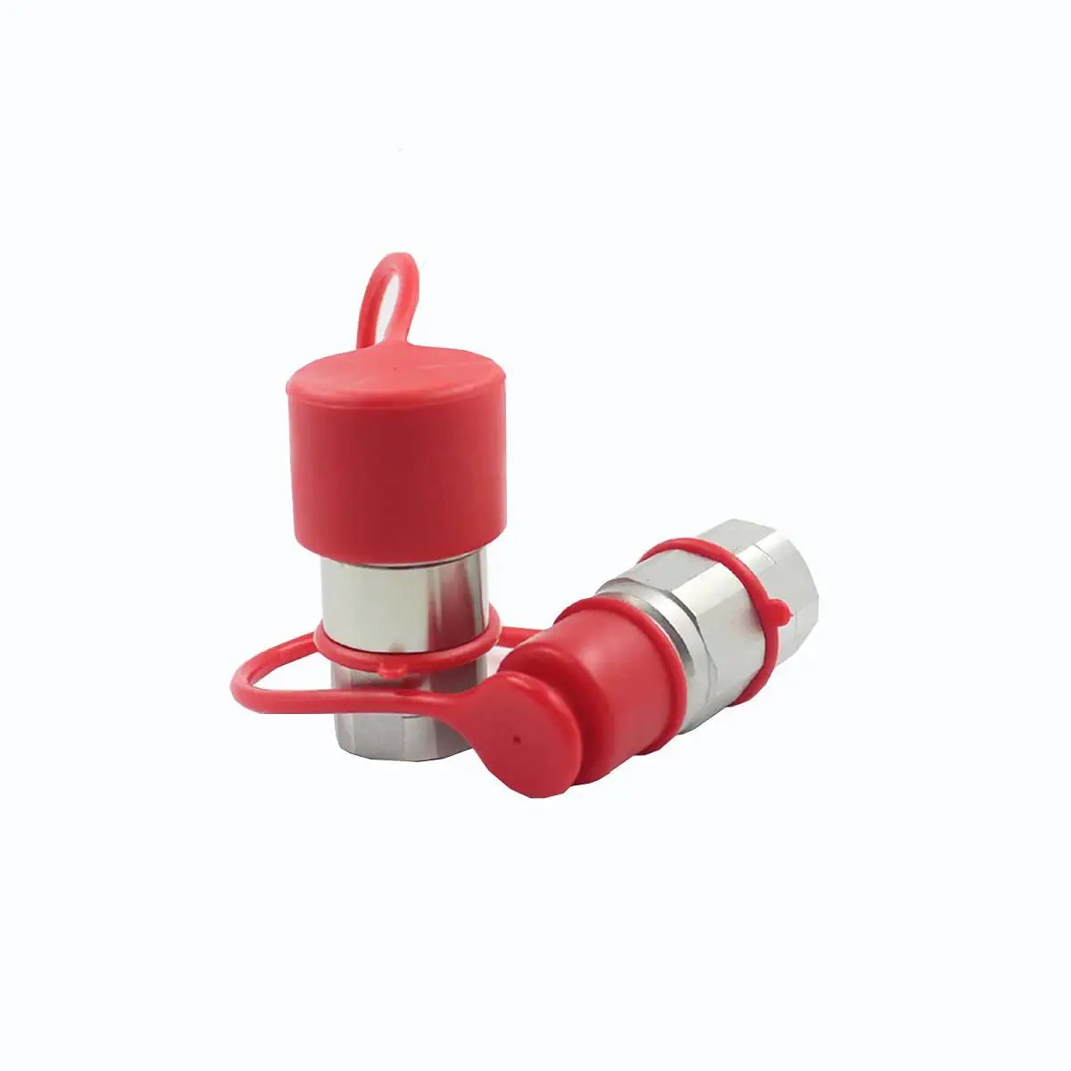 Flat Face Hydraulic Quick Connect Couplers Set For Skid Steer 3/4 NPT Thread With Dust Caps ISO16028 shown with red dust caps