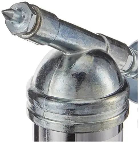 Close-up of metal Mini Grease Gun With Needle Nozzle For Precise Lubrication Of Air Tools And Small Flush Fittings.