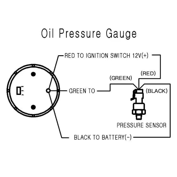 Wiring diagram for 12V 52mm car gauge kit with digital display pointer and 7 color backlight, showing connections to ignition and battery.