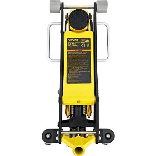 Top view of Low Profile 3 Ton Racing Floor Jack With Dual Pistons Aluminum Steel Quick Lift, showcasing wheels and handle.
