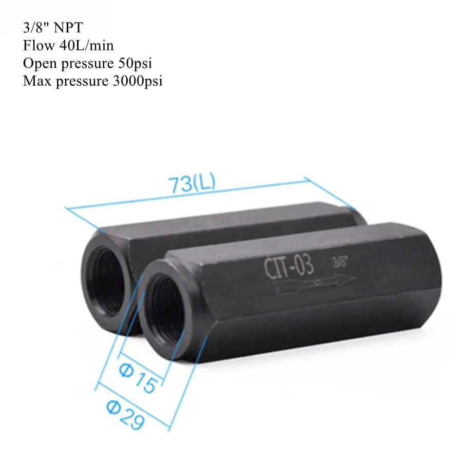 Hydraulic Check Valve 3 Eighths Inch NPT One Way Pump Oil 3000 PSI High Flow Durable Carbon Steel Body Corrosion Resistant PTFE Seat