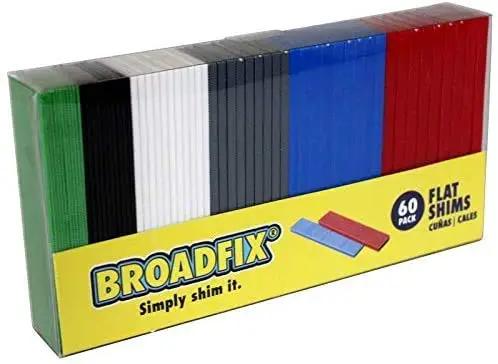 Flat Plastic Shim Pack 60 Count For Glazing And Wall Covering Broadfix Multicolor 1.13 In W By 4 In L Shims displayed in packaging.