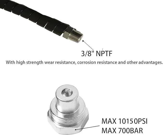 Close-up of Heavy Duty 6.6 Ft Hydraulic Hose Assembly 1/4 Inch ID, 10,000 PSI Max, with 3/8 Inch NPT Thread Swivel Coupler