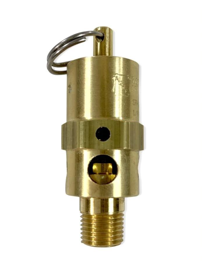Front view of Brass One Eighth Inch NPT Industrial Hard Seat Safety Pressure Relief Valve, 150 PSI Preset, 129 SCFM Flow