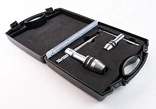 Two Piece Tap Wrench Set With Sliding T Handle And Reference Table For Zero To One Half Inch Taps Ideal For Precise Threading And Straight Holes In Metal Or Wood General Tools Professional Standard in a black case with measurement reference table and metal components visible.